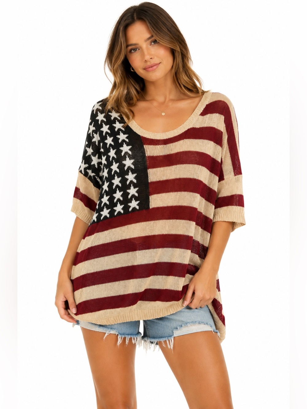 NWT BIBI American Flag Oversized Knit Sweater Top Stars Stripes M